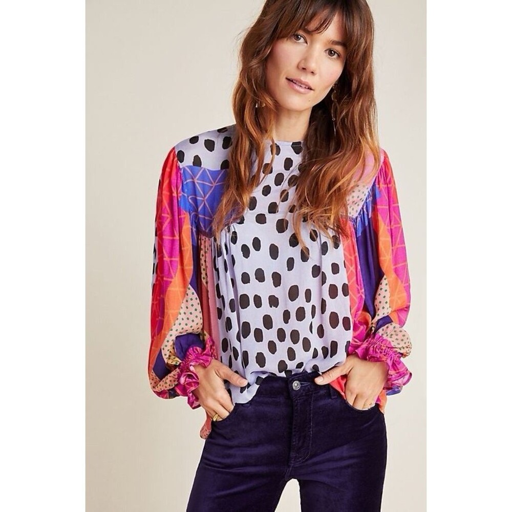 Anthropologie Miranda Peasant Blouse Bl-nk Boho Blank Spot Patchwork Size Small